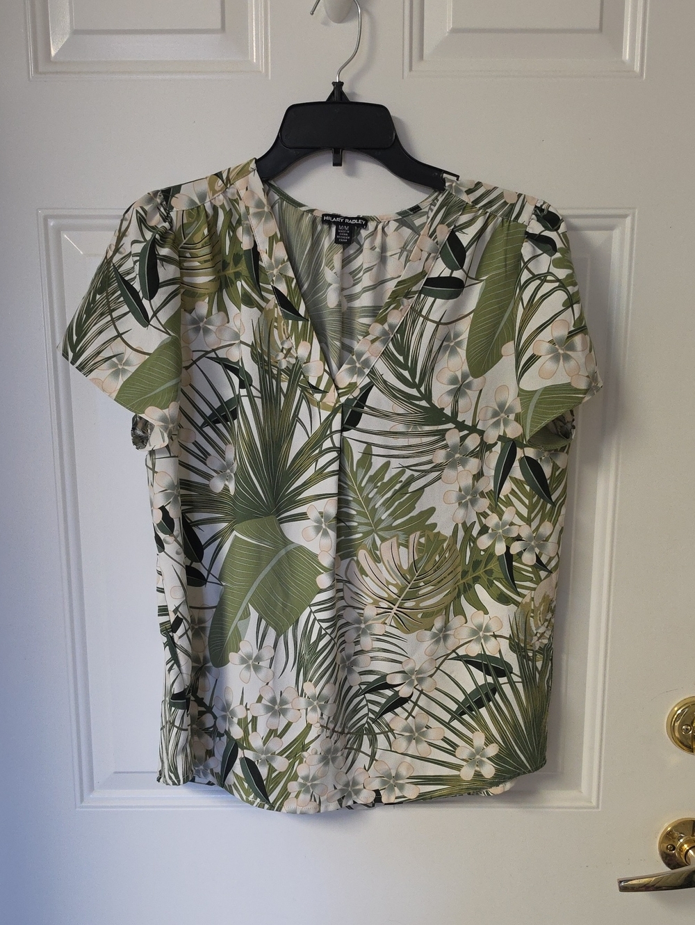 Hilary Radley Green and White Tropical Leaf V-Neck Blouse